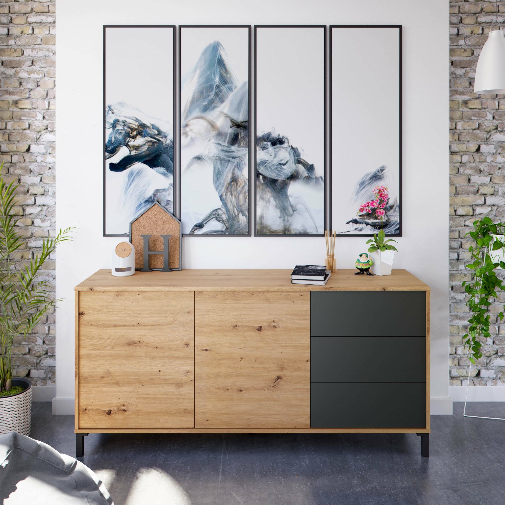 Credenza Ardelia, Madia moderna a 2 ante e 3 cassetti, Buffet da soggiorno, Mobile porta TV, Madia per salotto, cm 154x41h74, Rovere nodi e Antracite