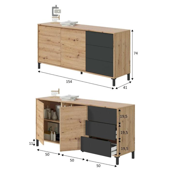 Credenza Ardelia, Madia moderna a 2 ante e 3 cassetti, Buffet da soggiorno, Mobile porta TV, Madia per salotto, cm 154x41h74, Rovere nodi e Antracite