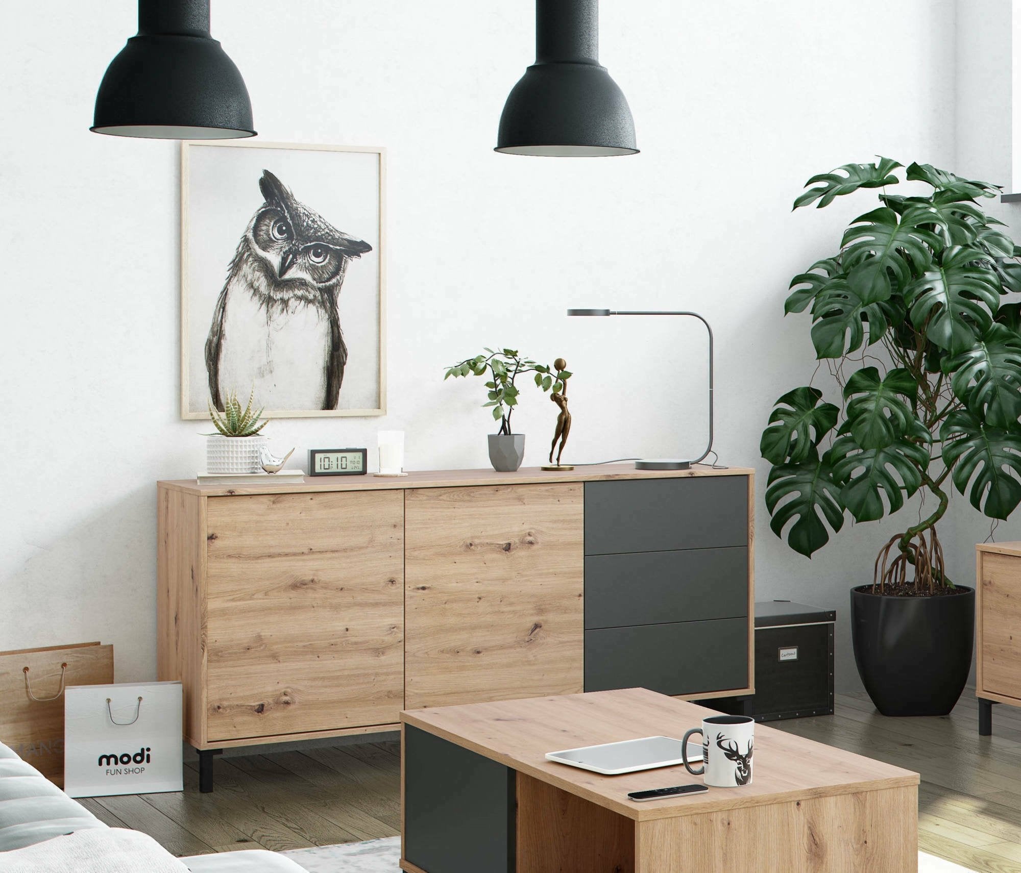 Credenza Ardelia, Madia moderna a 2 ante e 3 cassetti, Buffet da soggiorno, Mobile porta TV, Madia per salotto, cm 154x41h74, Rovere nodi e Antracite