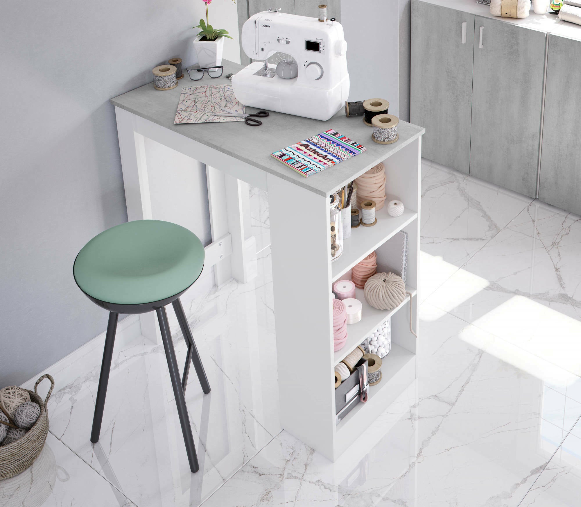 Tavolo fisso Andreoli, Tavolo alto da cucina, Penisola con 3 ripiani, Bancone ausiliare, Bancone ausiliare, cm 103x50h105, Bianco e Cemento