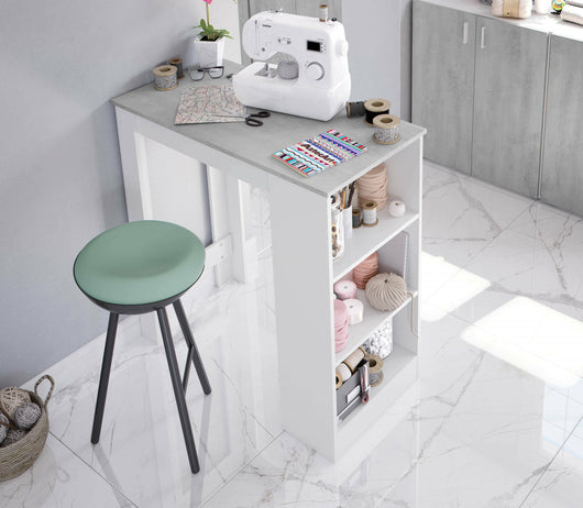 Tavolo fisso Andreoli, Tavolo alto da cucina, Penisola con 3 ripiani, Bancone ausiliare, Bancone ausiliare, cm 103x50h105, Bianco e Cemento