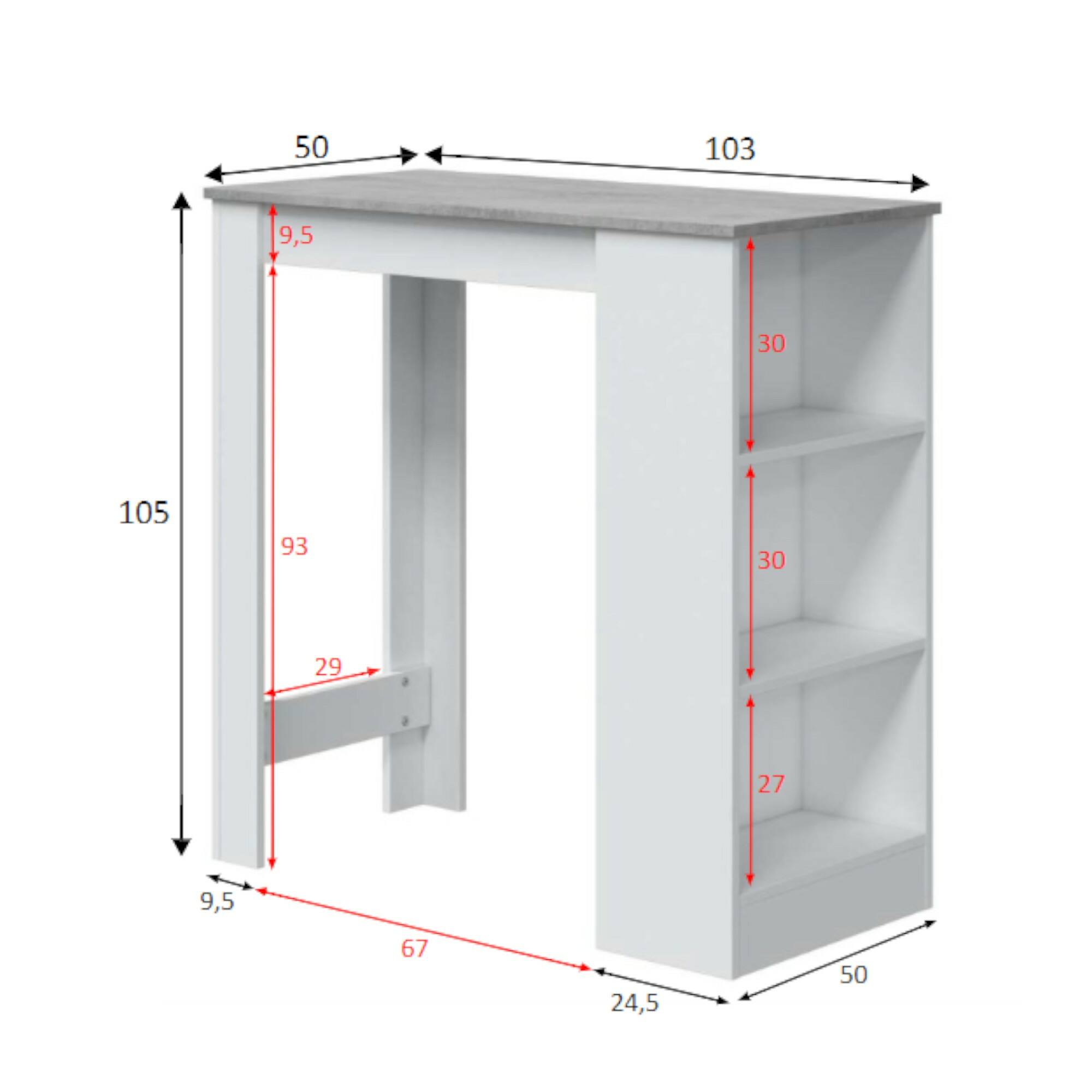 Tavolo fisso Andreoli, Tavolo alto da cucina, Penisola con 3 ripiani, Bancone ausiliare, Bancone ausiliare, cm 103x50h105, Bianco e Cemento