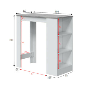 Tavolo fisso Andreoli, Tavolo alto da cucina, Penisola con 3 ripiani, Bancone ausiliare, Bancone ausiliare, cm 103x50h105, Bianco e Cemento