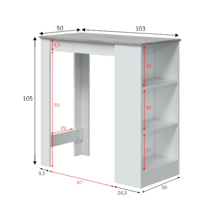 Tavolo fisso Andreoli, Tavolo alto da cucina, Penisola con 3 ripiani, Bancone ausiliare, Bancone ausiliare, cm 103x50h105, Bianco e Cemento