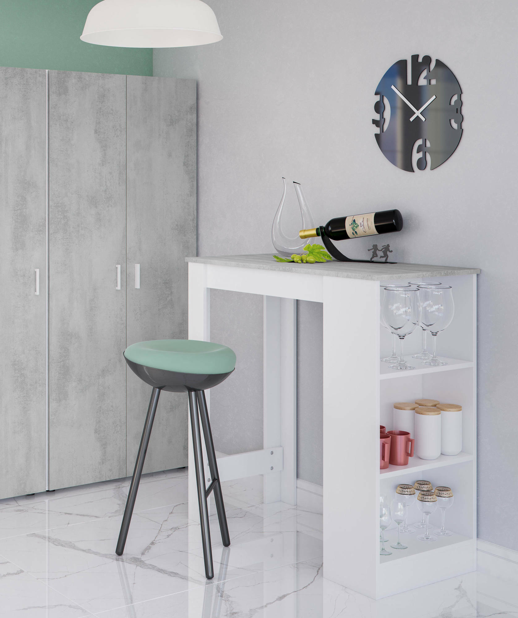 Tavolo fisso Andreoli, Tavolo alto da cucina, Penisola con 3 ripiani, Bancone ausiliare, Bancone ausiliare, cm 103x50h105, Bianco e Cemento