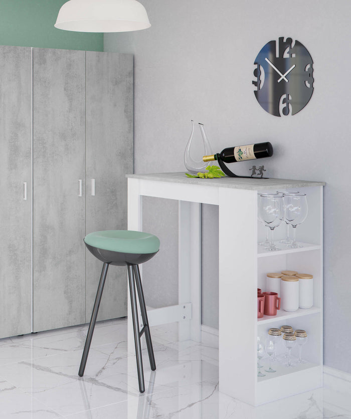 Tavolo fisso Andreoli, Tavolo alto da cucina, Penisola con 3 ripiani, Bancone ausiliare, Bancone ausiliare, cm 103x50h105, Bianco e Cemento