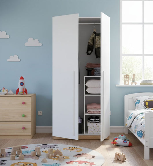 Guardaroba Alpine, Armadio per camera da letto a 2 ante battenti, Mobile con 3 ripiani e barra appendiabiti, cm 90x52h200, Rovere nodi e Bianco