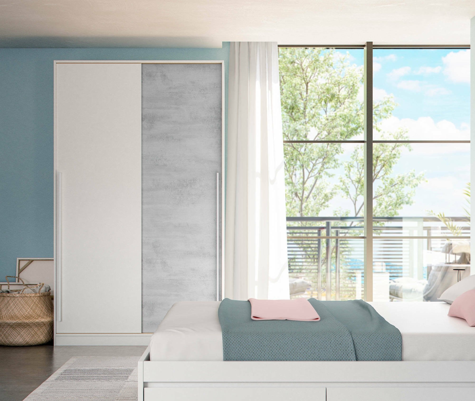 Guardaroba Aristode, Armadio per camera da letto a 2 ante scorrevoli, Mobile con barra appendiabiti e 3 ripiani, cm 120x50h200, Cemento e Bianco