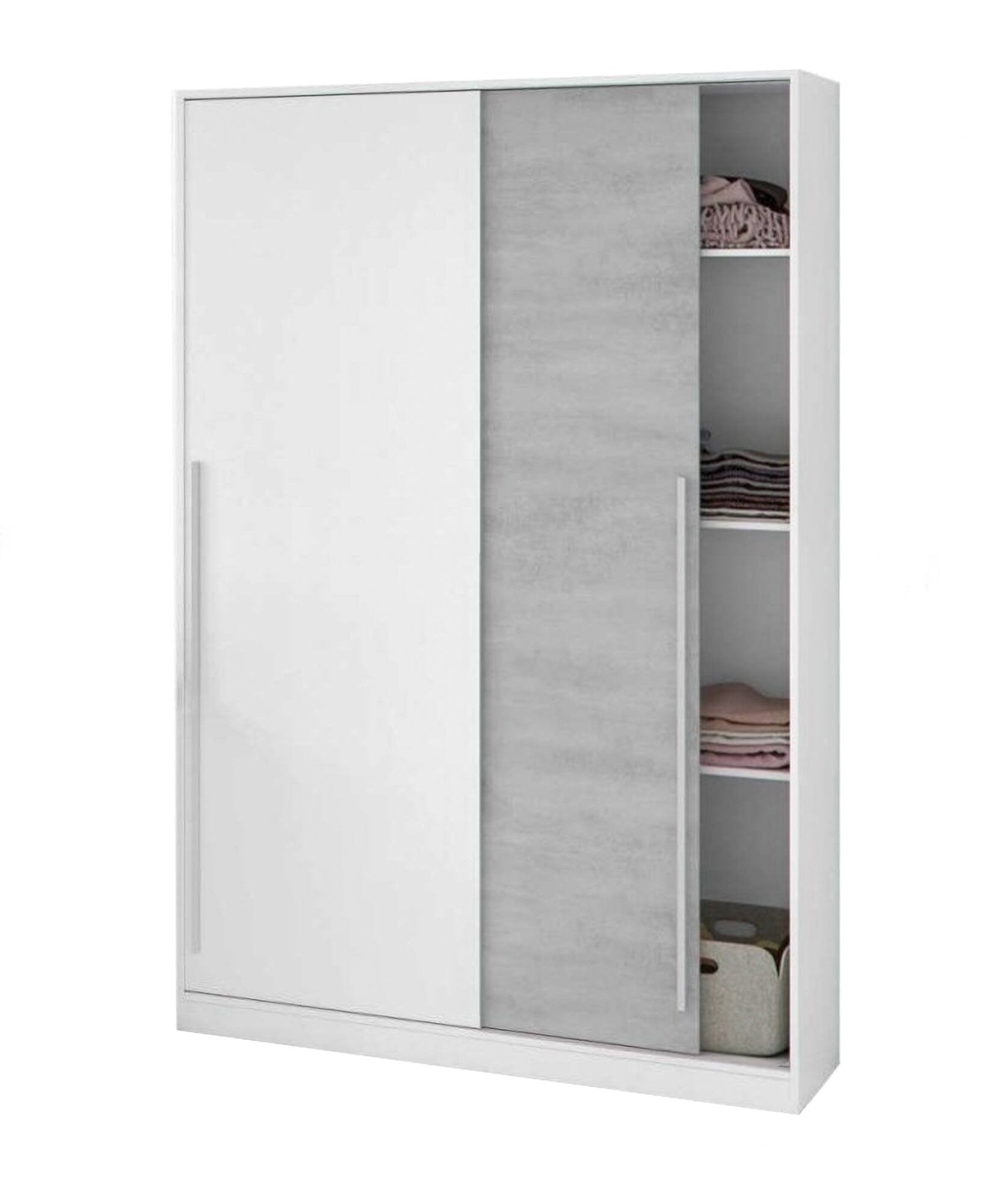 Guardaroba Aristode, Armadio per camera da letto a 2 ante scorrevoli, Mobile con barra appendiabiti e 3 ripiani, cm 120x50h200, Cemento e Bianco