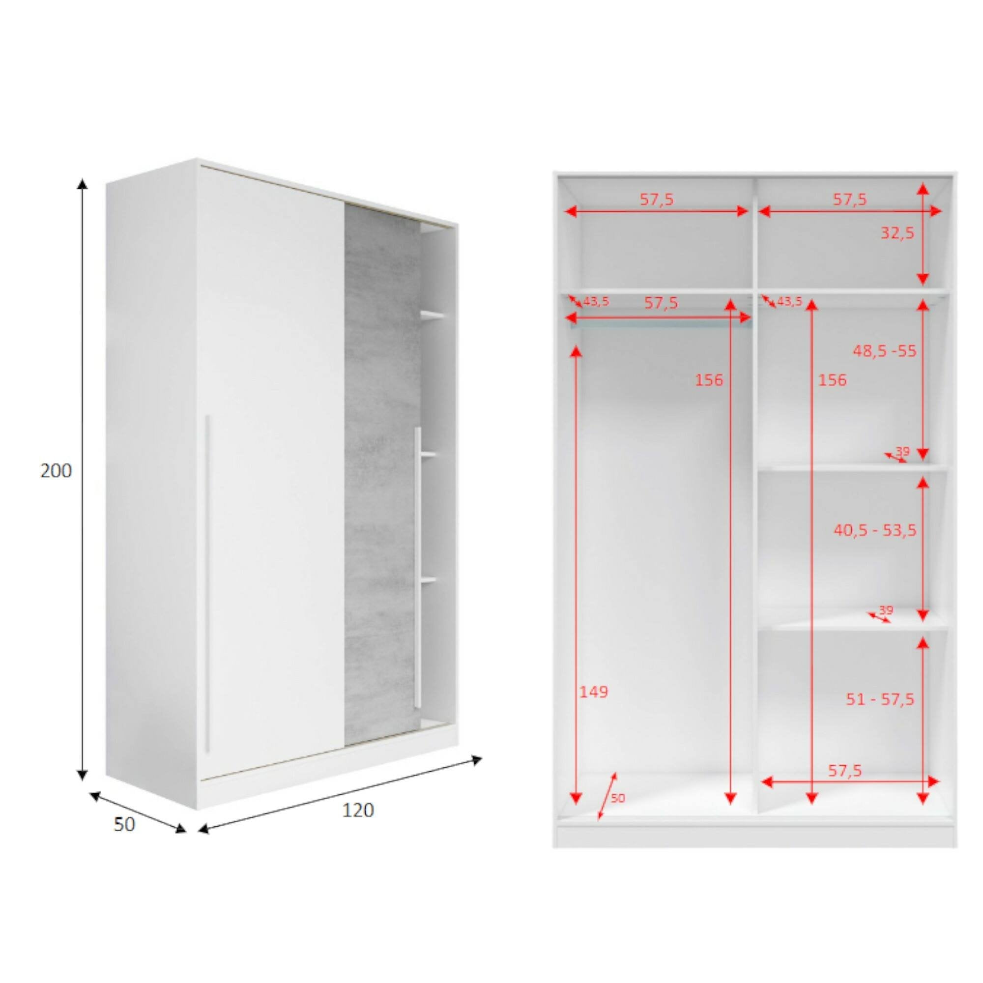 Guardaroba Aristode, Armadio per camera da letto a 2 ante scorrevoli, Mobile con barra appendiabiti e 3 ripiani, cm 120x50h200, Cemento e Bianco