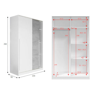 Guardaroba Aristode, Armadio per camera da letto a 2 ante scorrevoli, Mobile con barra appendiabiti e 3 ripiani, cm 120x50h200, Cemento e Bianco