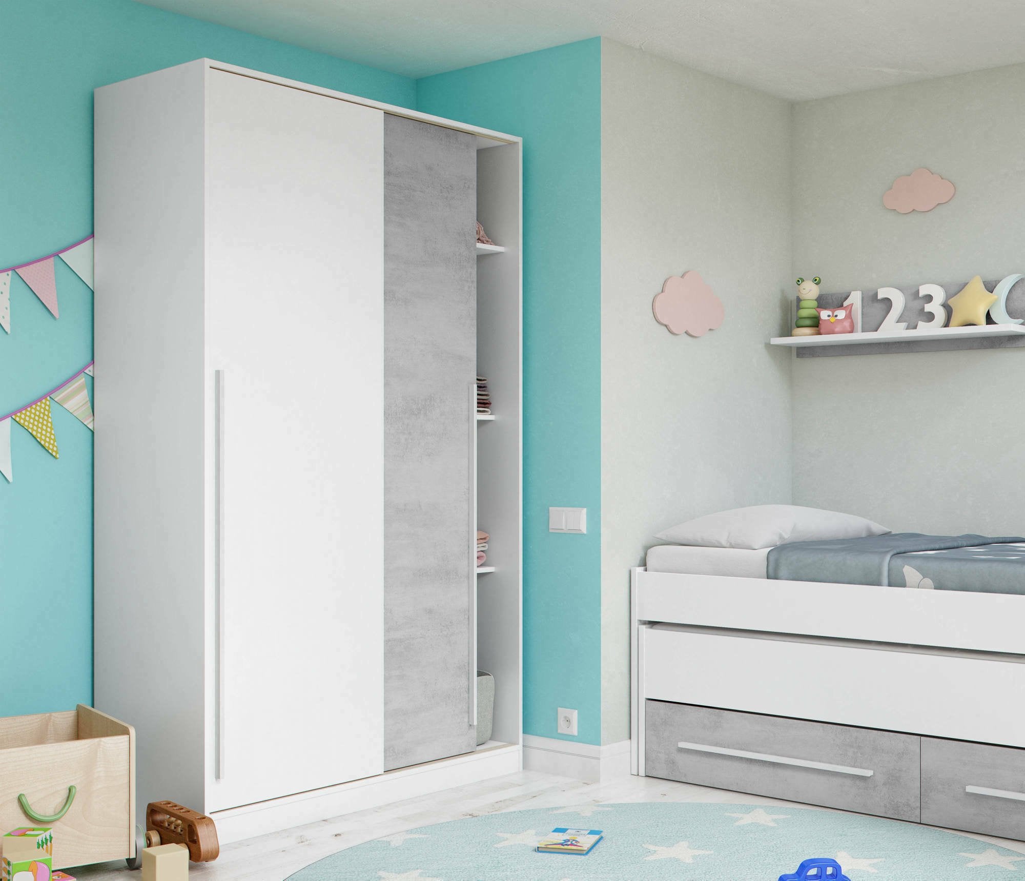 Guardaroba Aristode, Armadio per camera da letto a 2 ante scorrevoli, Mobile con barra appendiabiti e 3 ripiani, cm 120x50h200, Cemento e Bianco