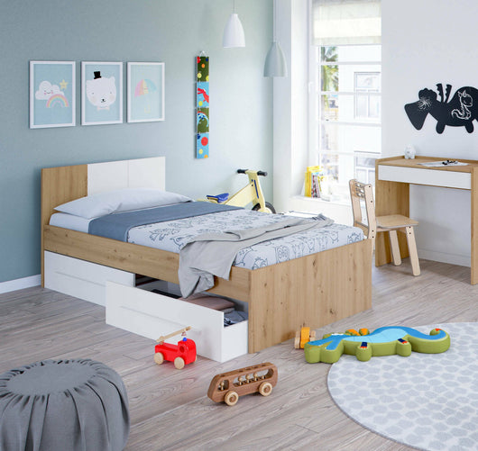 Letto singolo Azalia, Letto singolo contenitore con testiera, Struttura per letto con 2 cassettoni per camera da letto, cm 196x97h41, Rovere nodi e Bianco