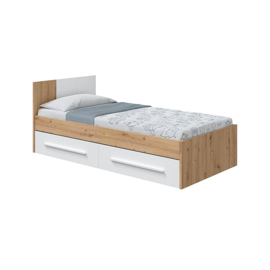 Letto singolo Azalia, Letto singolo contenitore con testiera, Struttura per letto con 2 cassettoni per camera da letto, cm 196x97h41, Rovere nodi e Bianco