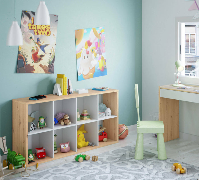 Libreria Alliers, Mobile portalibri reversibile con 8 scomparti, Mobile Porta tv multiposizione, cm 72x33h137, Rovere effetto nodi e Bianco