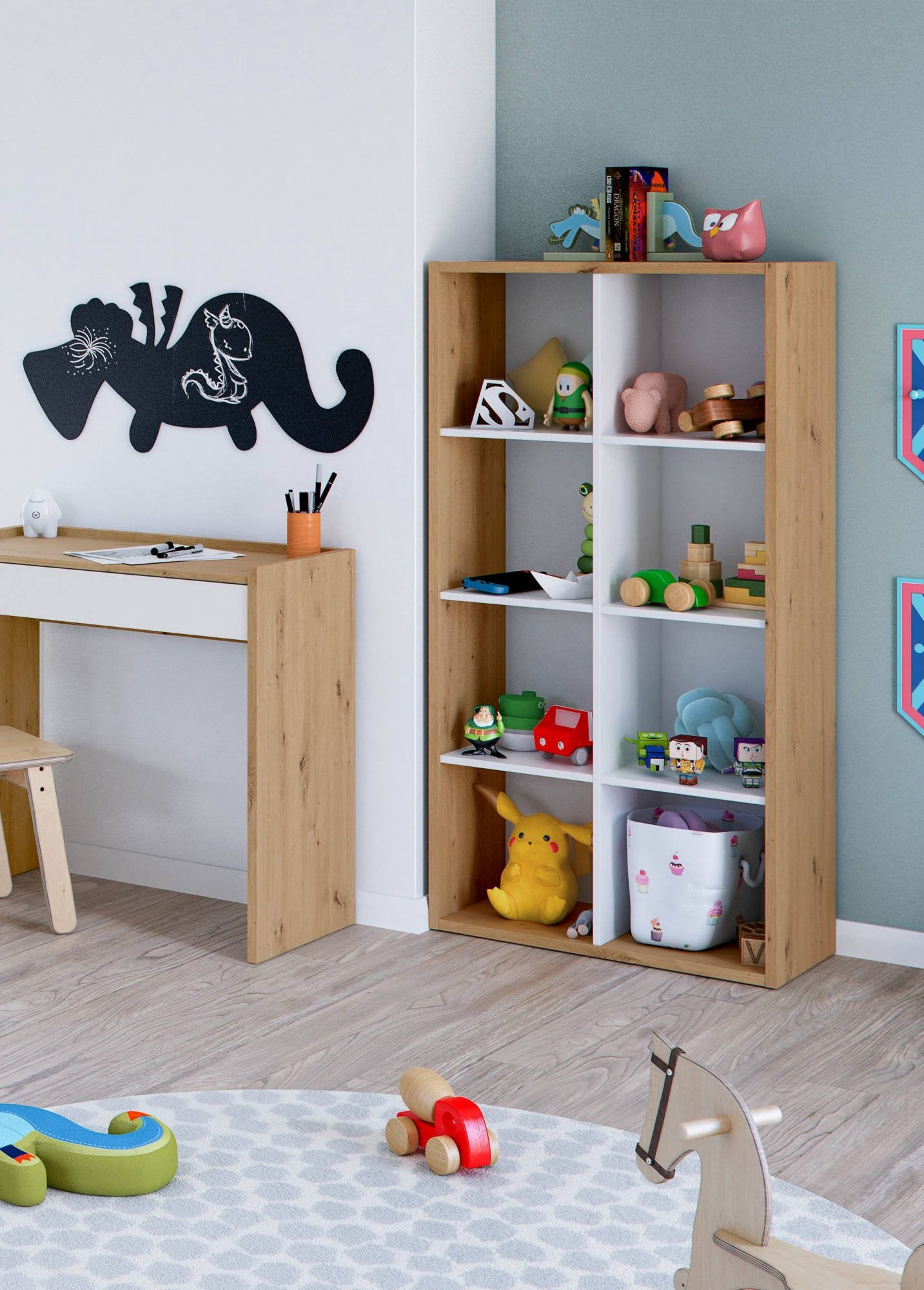 Libreria Alliers, Mobile portalibri reversibile con 8 scomparti, Mobile Porta tv multiposizione, cm 72x33h137, Rovere effetto nodi e Bianco