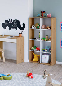 Libreria Alliers, Mobile portalibri reversibile con 8 scomparti, Mobile Porta tv multiposizione, cm 72x33h137, Rovere effetto nodi e Bianco