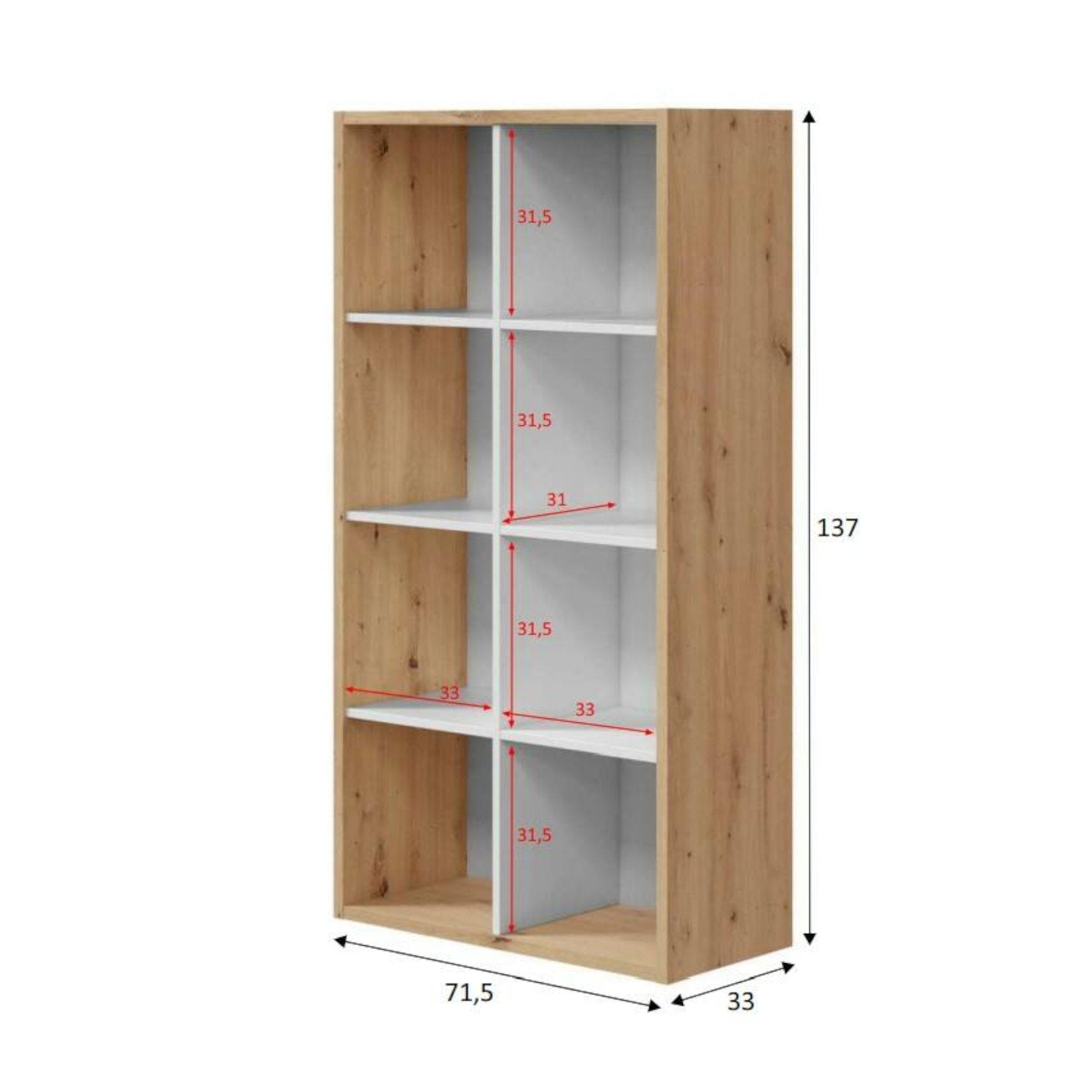 Libreria Alliers, Mobile portalibri reversibile con 8 scomparti, Mobile Porta tv multiposizione, cm 72x33h137, Rovere effetto nodi e Bianco