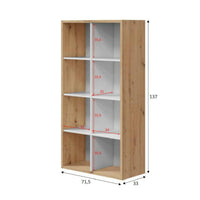 Libreria Alliers, Mobile portalibri reversibile con 8 scomparti, Mobile Porta tv multiposizione, cm 72x33h137, Rovere effetto nodi e Bianco