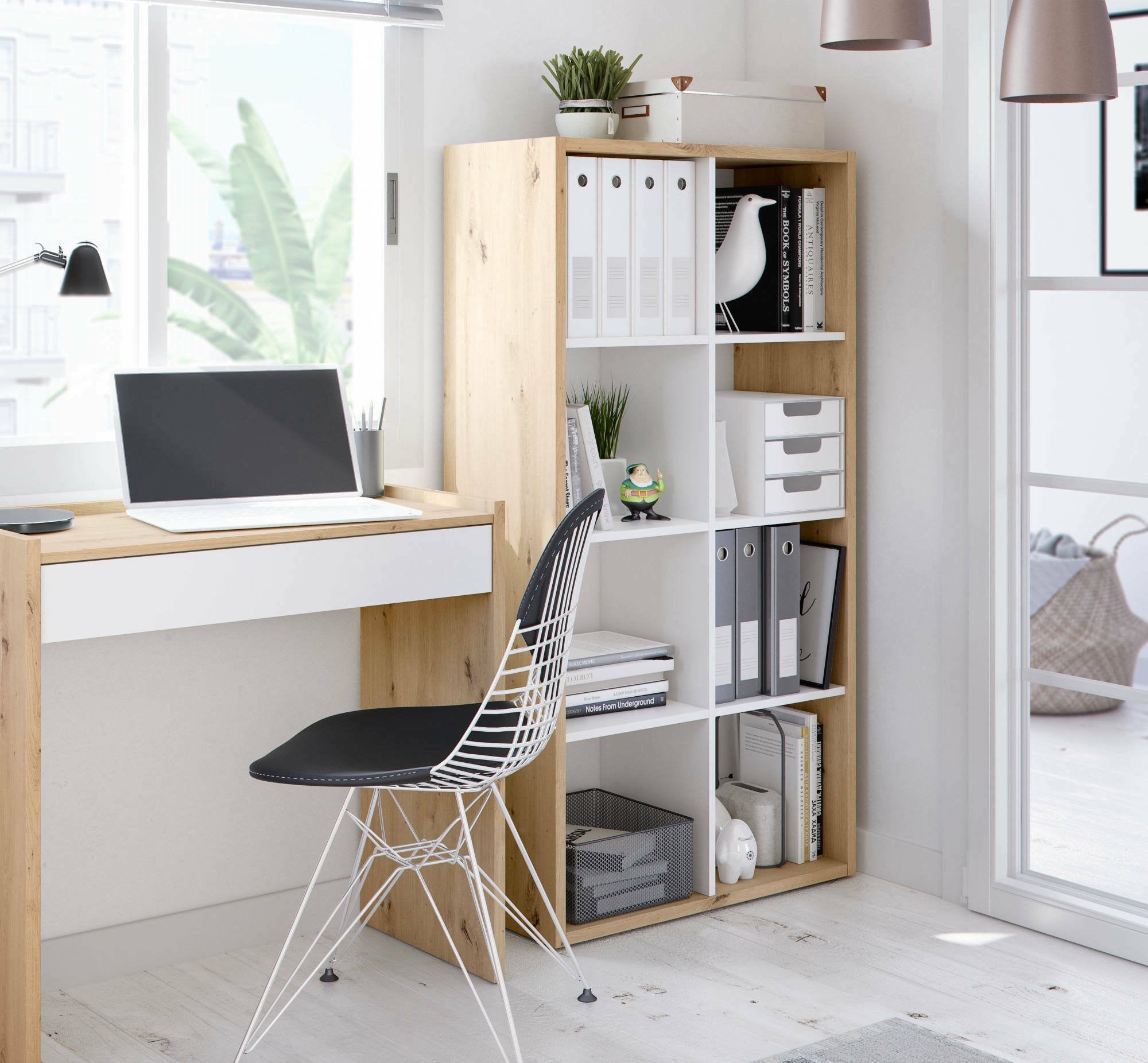 Libreria Alliers, Mobile portalibri reversibile con 8 scomparti, Mobile Porta tv multiposizione, cm 72x33h137, Rovere effetto nodi e Bianco