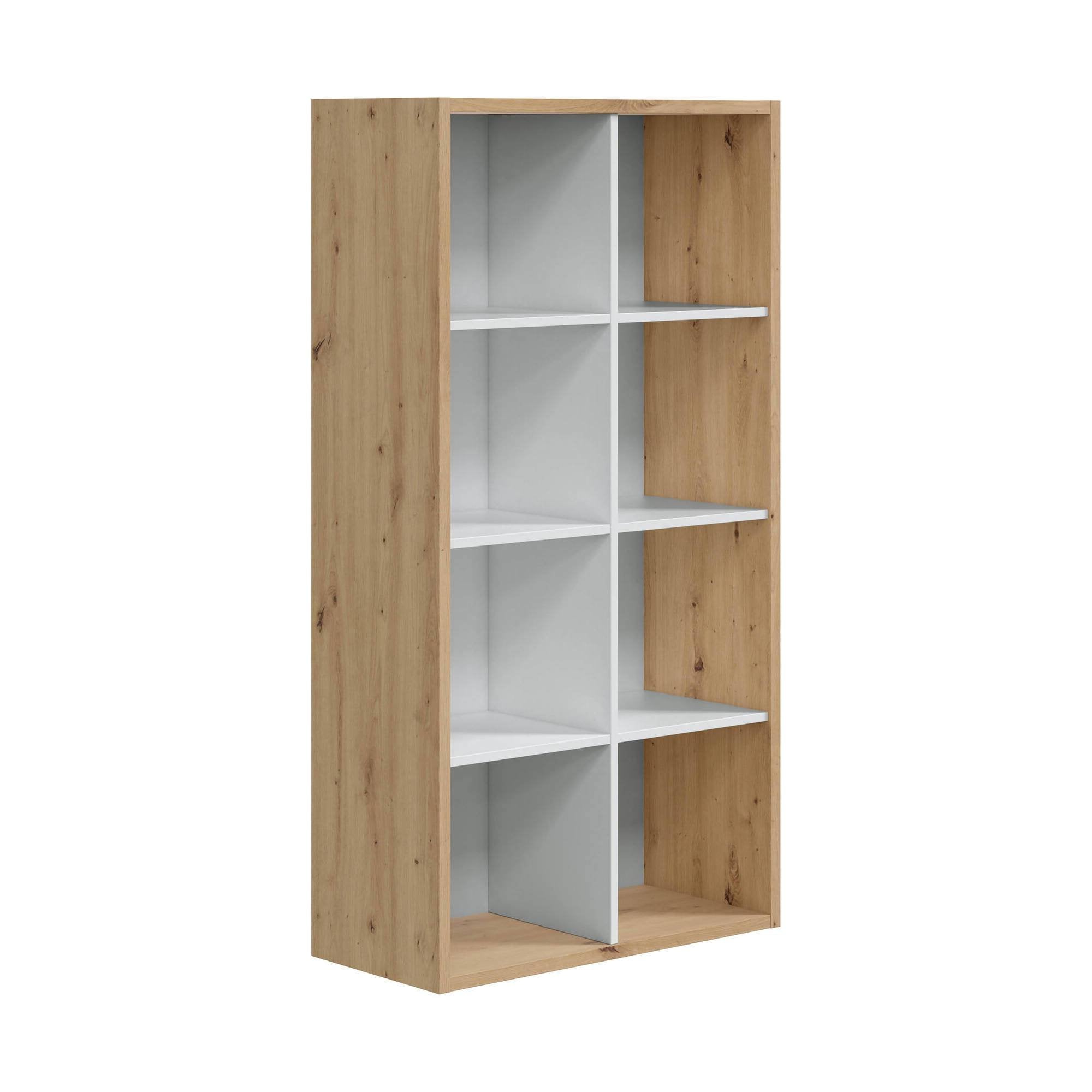Libreria Alliers, Mobile portalibri reversibile con 8 scomparti, Mobile Porta tv multiposizione, cm 72x33h137, Rovere effetto nodi e Bianco