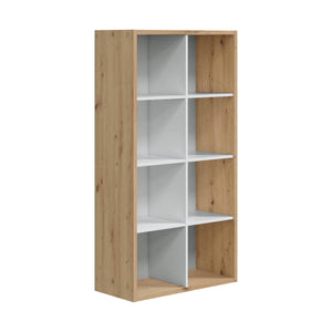 Libreria Alliers, Mobile portalibri reversibile con 8 scomparti, Mobile Porta tv multiposizione, cm 72x33h137, Rovere effetto nodi e Bianco