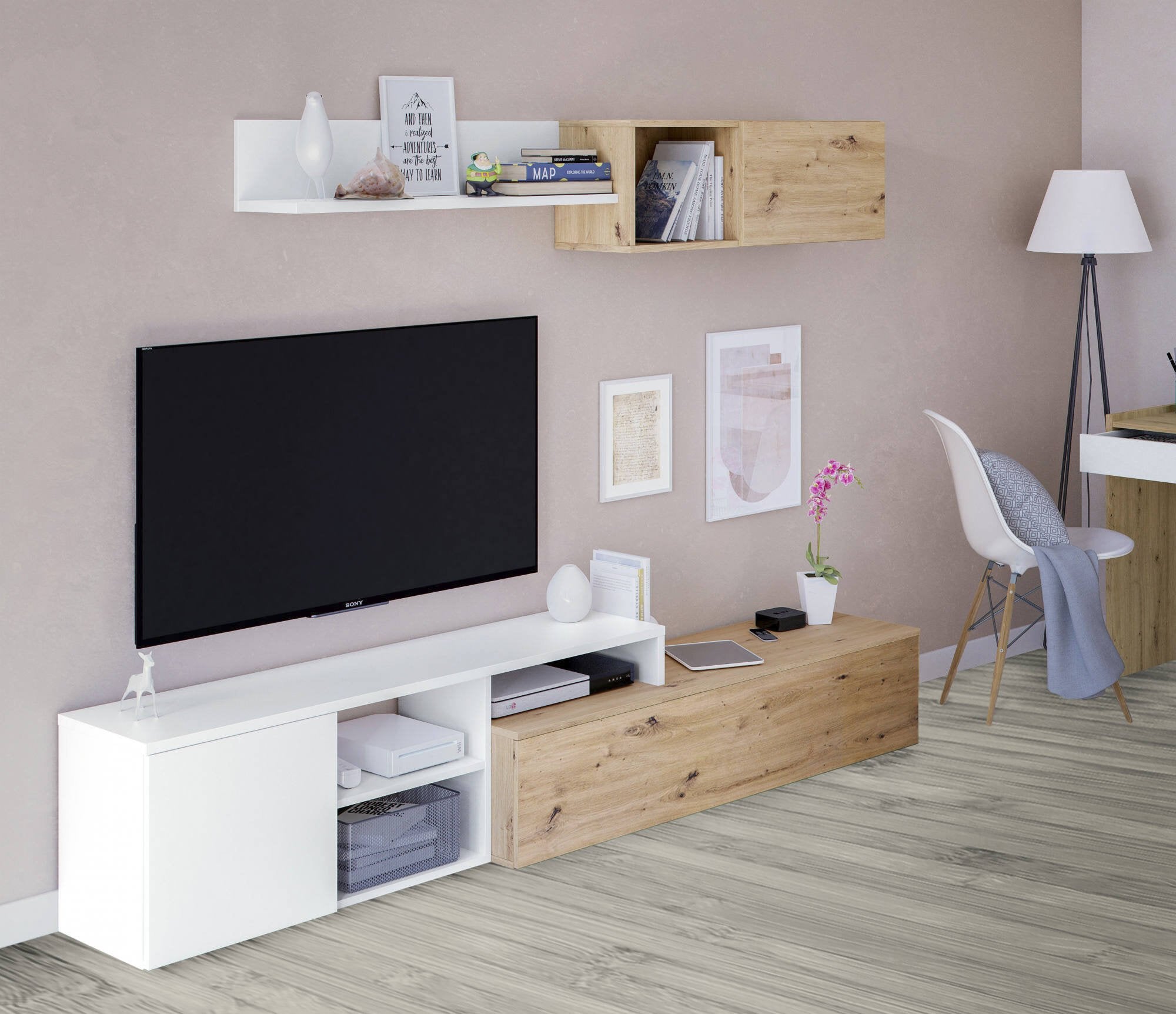 Parete attrezzata Aligator, Mobile da soggiorno porta TV, Composizione per salotto con pensile e mensola, cm 220x40h44, Rovere effetto nodi e Bianco