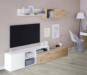 Parete attrezzata Aligator, Mobile da soggiorno porta TV, Composizione per salotto con pensile e mensola, cm 220x40h44, Rovere effetto nodi e Bianco