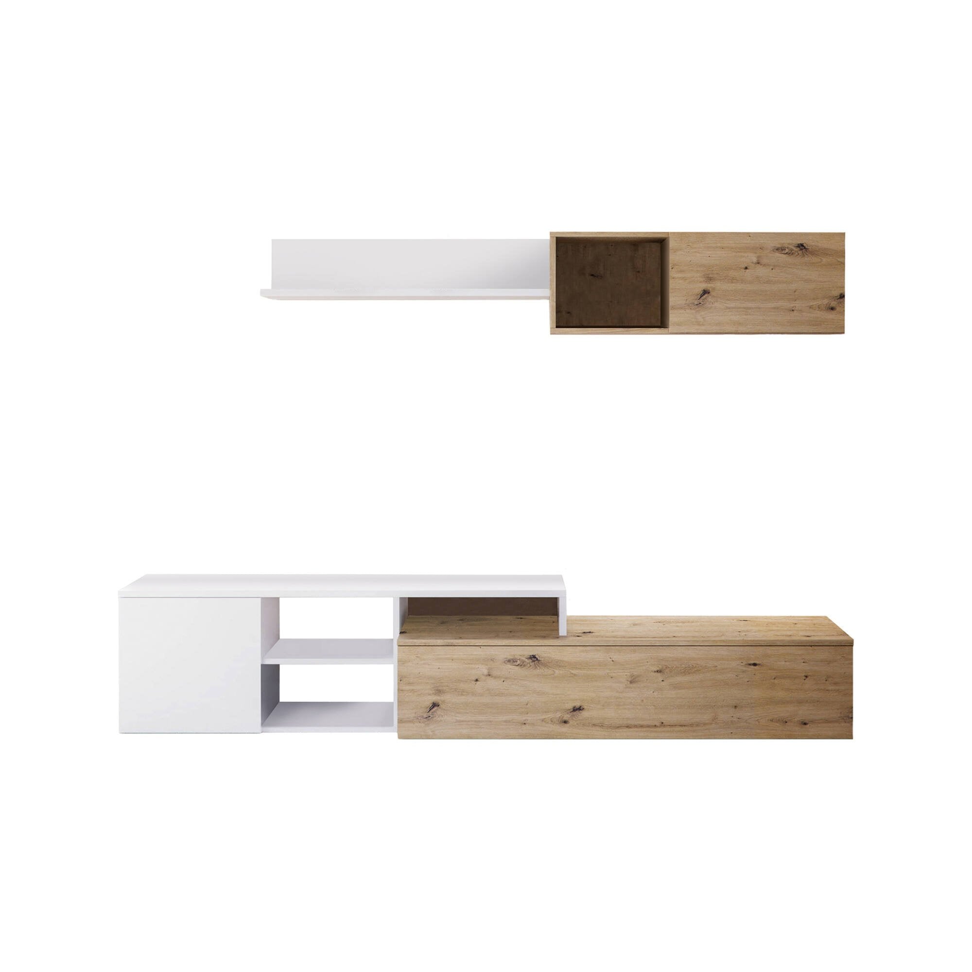 Parete attrezzata Aligator, Mobile da soggiorno porta TV, Composizione per salotto con pensile e mensola, cm 220x40h44, Rovere effetto nodi e Bianco