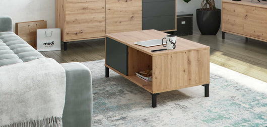 Tavolino da salotto Axinia, Tavolino da caffÒ¨, Tavolo basso da soggiorno, cm 100x50h40, Rovere nodi e Antracite