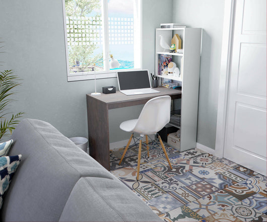 Scrivania Ali, Scrittoio multifunzione reversibile con libreria a 5 ripiani, Tavolo da studio o ufficio porta PC portalibri, 120x53h144 cm, Bianco e Ossido