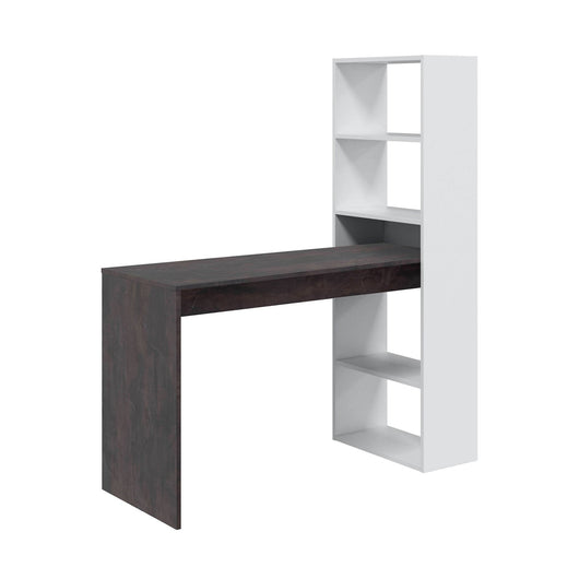 Scrivania Ali, Scrittoio multifunzione reversibile con libreria a 5 ripiani, Tavolo da studio o ufficio porta PC portalibri, 120x53h144 cm, Bianco e Ossido