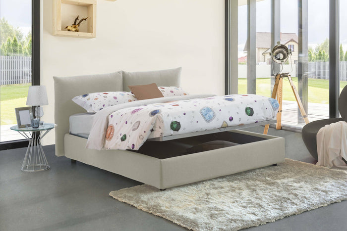 Letto matrimoniale Arpino, Letto contenitore con rivestimento in tessuto, 100% Made in Italy, Apertura frontale, con materasso Cm 160x190 incluso, Beige
