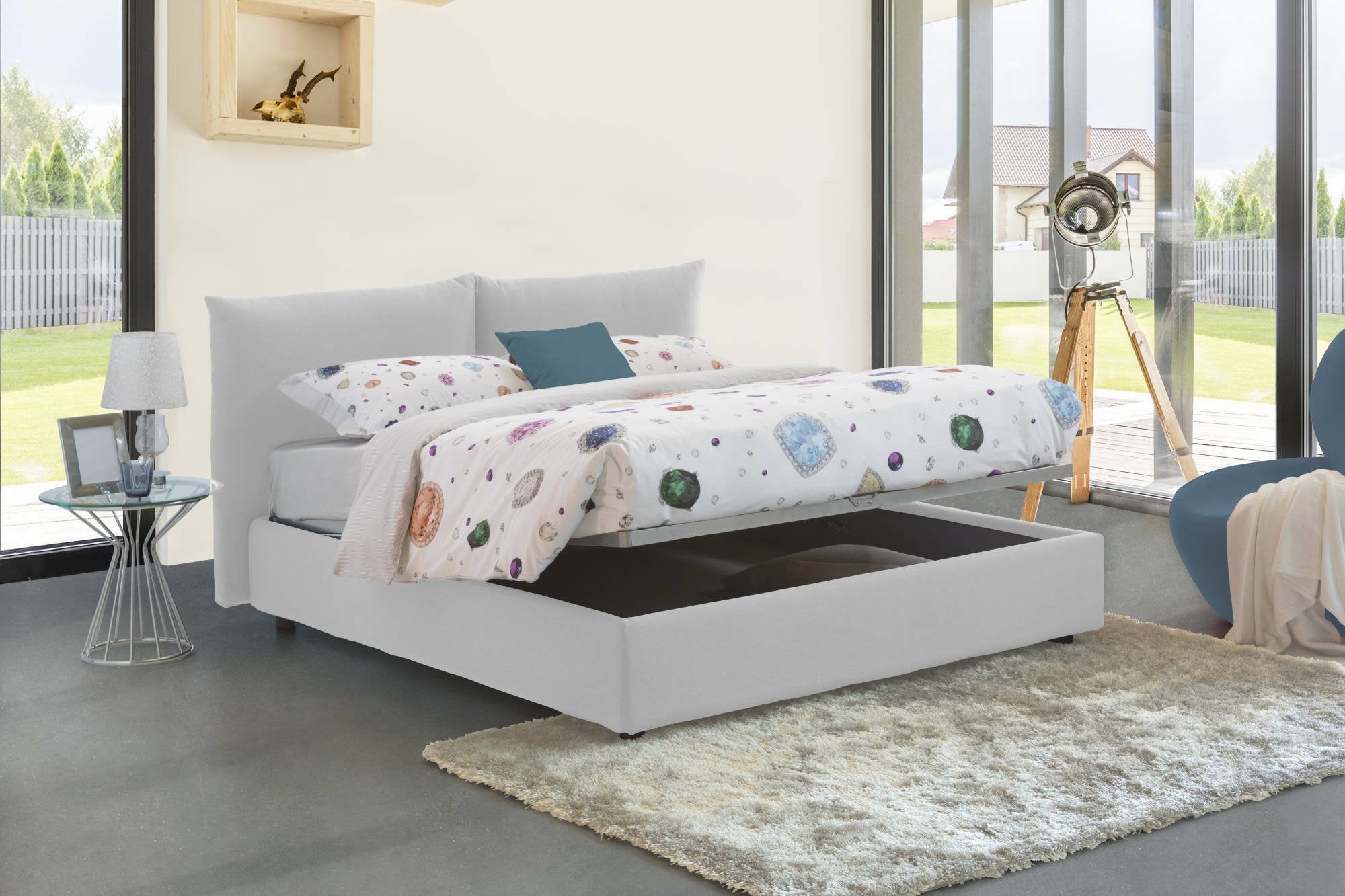 Letto matrimoniale Arpino, Letto contenitore con rivestimento in tessuto, 100% Made in Italy, Apertura frontale, con materasso Cm 160x190 incluso, Bianco