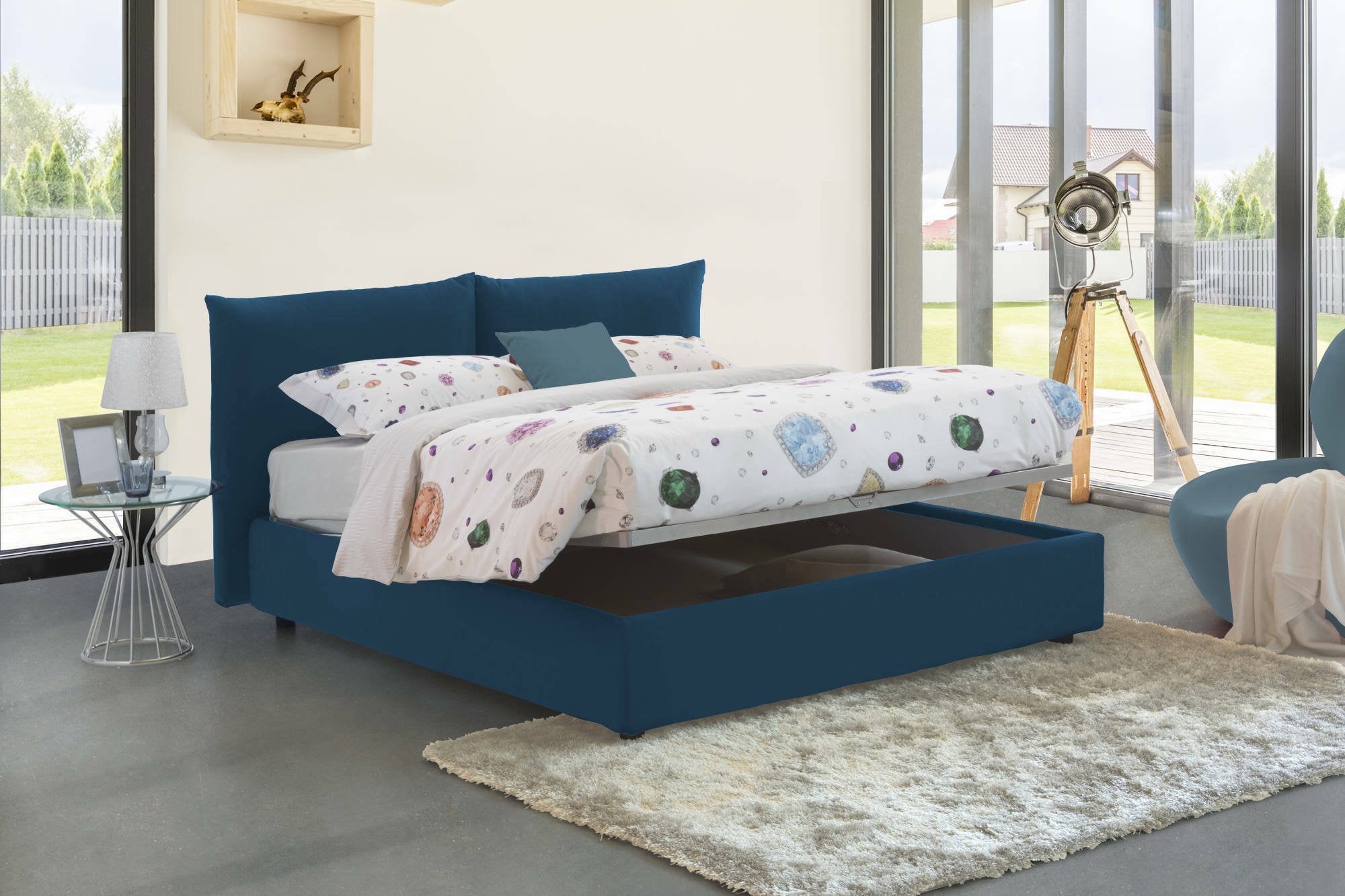 Letto matrimoniale Arpino, Letto contenitore con rivestimento in tessuto, 100% Made in Italy, Apertura frontale, con materasso Cm 160x190 incluso, Blu