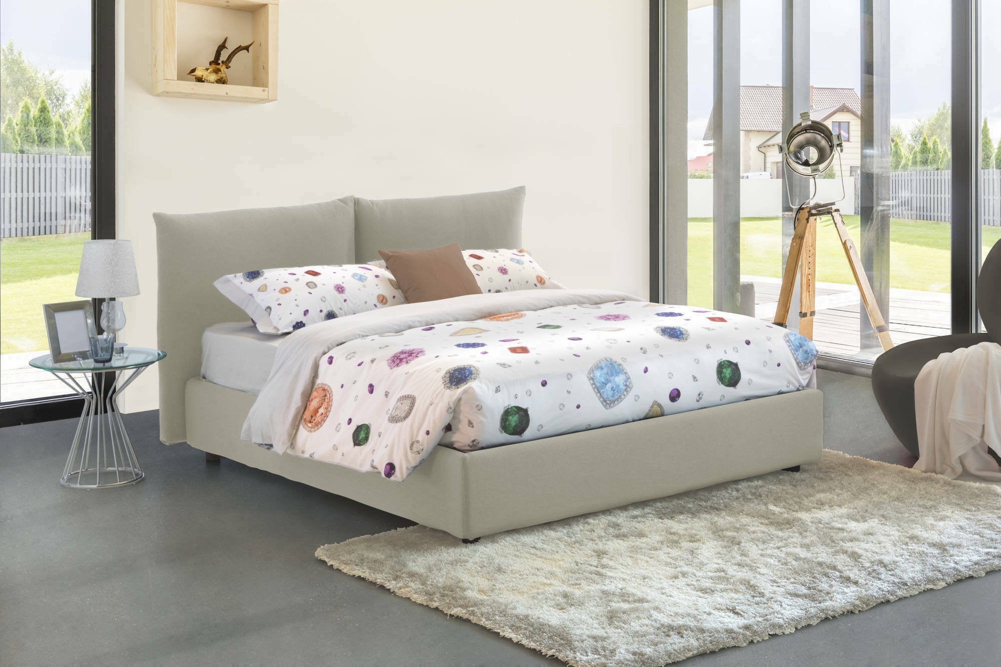 Letto matrimoniale Arcole, Letto contenitore con rivestimento in tessuto, 100% Made in Italy, Apertura frontale, con materasso Cm 160x200 incluso, Beige