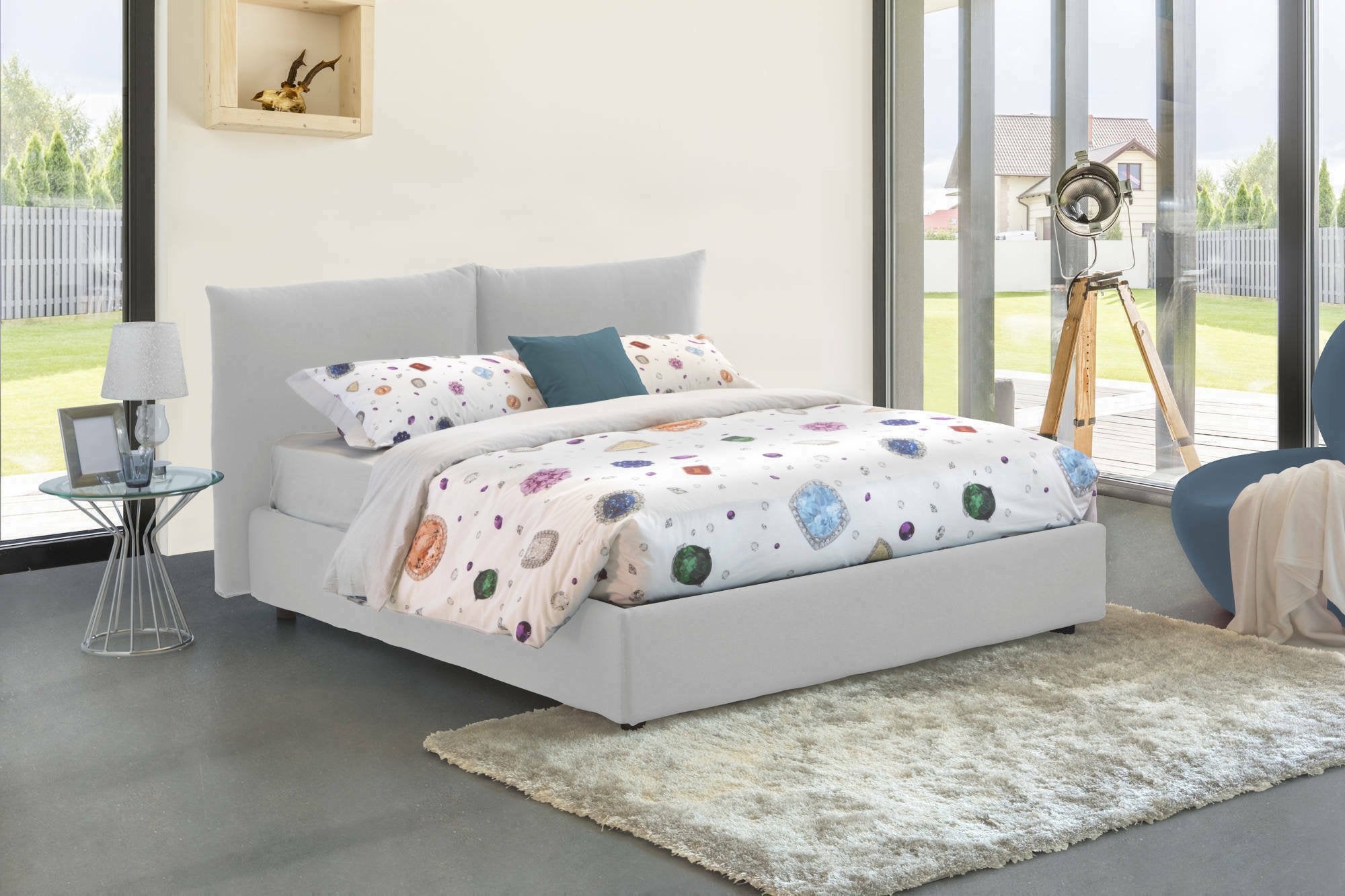 Letto matrimoniale Arcole, Letto contenitore con rivestimento in tessuto, 100% Made in Italy, Apertura frontale, con materasso Cm 160x200 incluso, Bianco