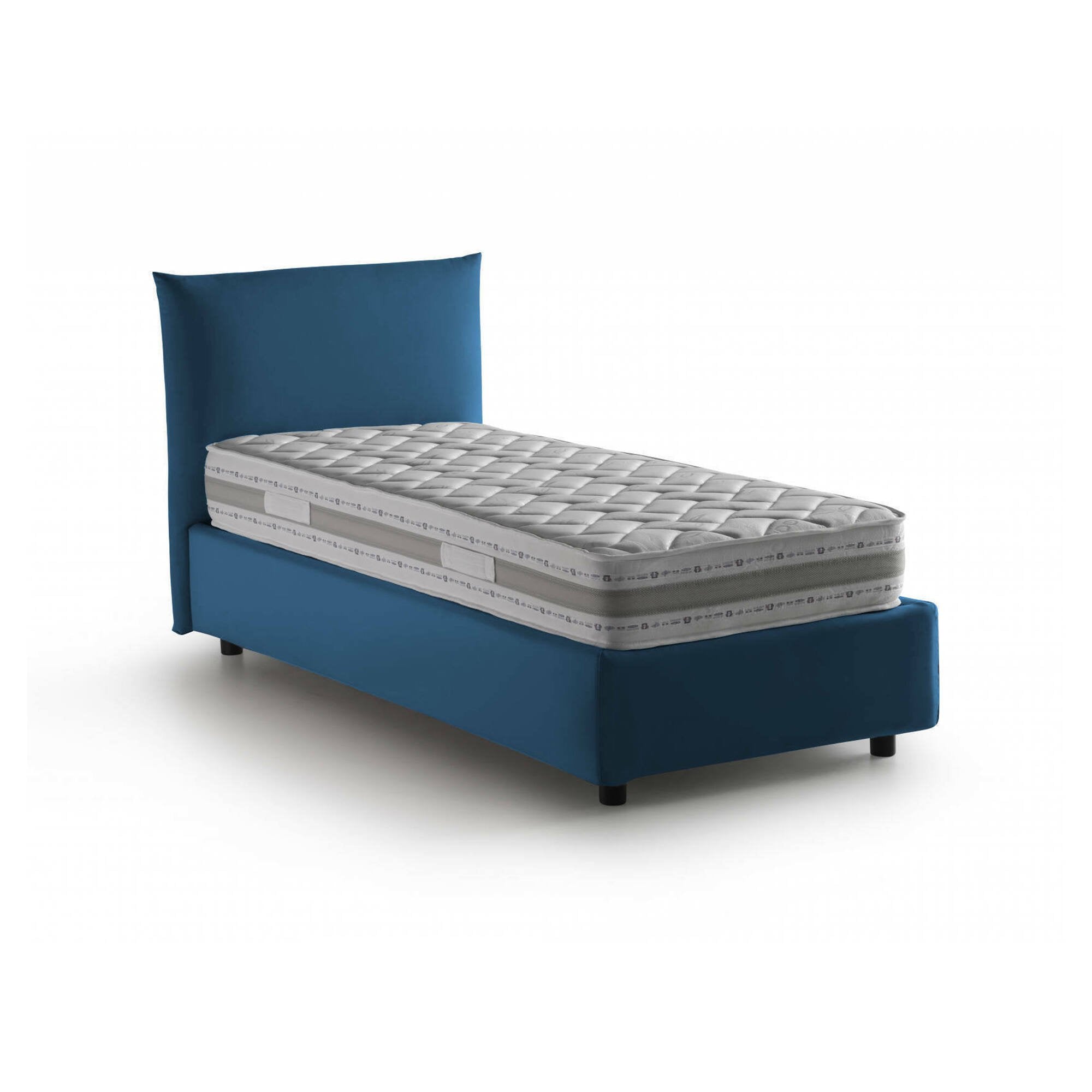Letto singolo Azeglio, Letto contenitore con rivestimento in tessuto, 100% Made in Italy, Apertura frontale, con materasso Cm 80x190 incluso, Blu
