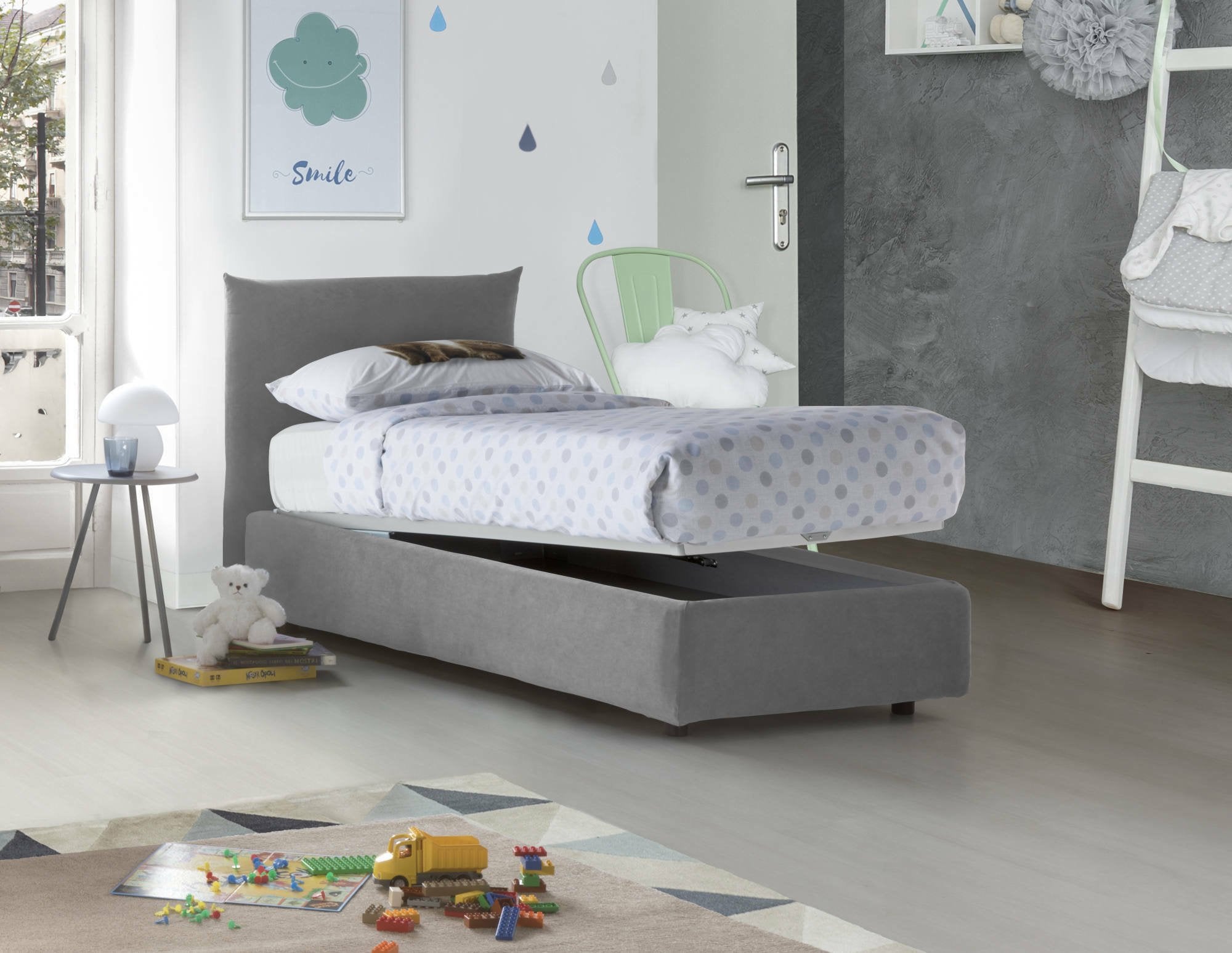 Letto singolo Azeglio, Letto contenitore con rivestimento in tessuto, 100% Made in Italy, Apertura frontale, con materasso Cm 80x190 incluso, Grigio