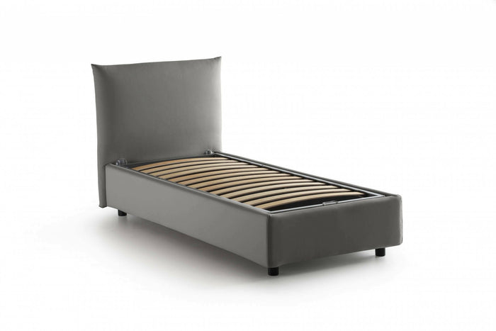 Letto singolo Azeglio, Letto contenitore con rivestimento in tessuto, 100% Made in Italy, Apertura frontale, con materasso Cm 80x190 incluso, Grigio