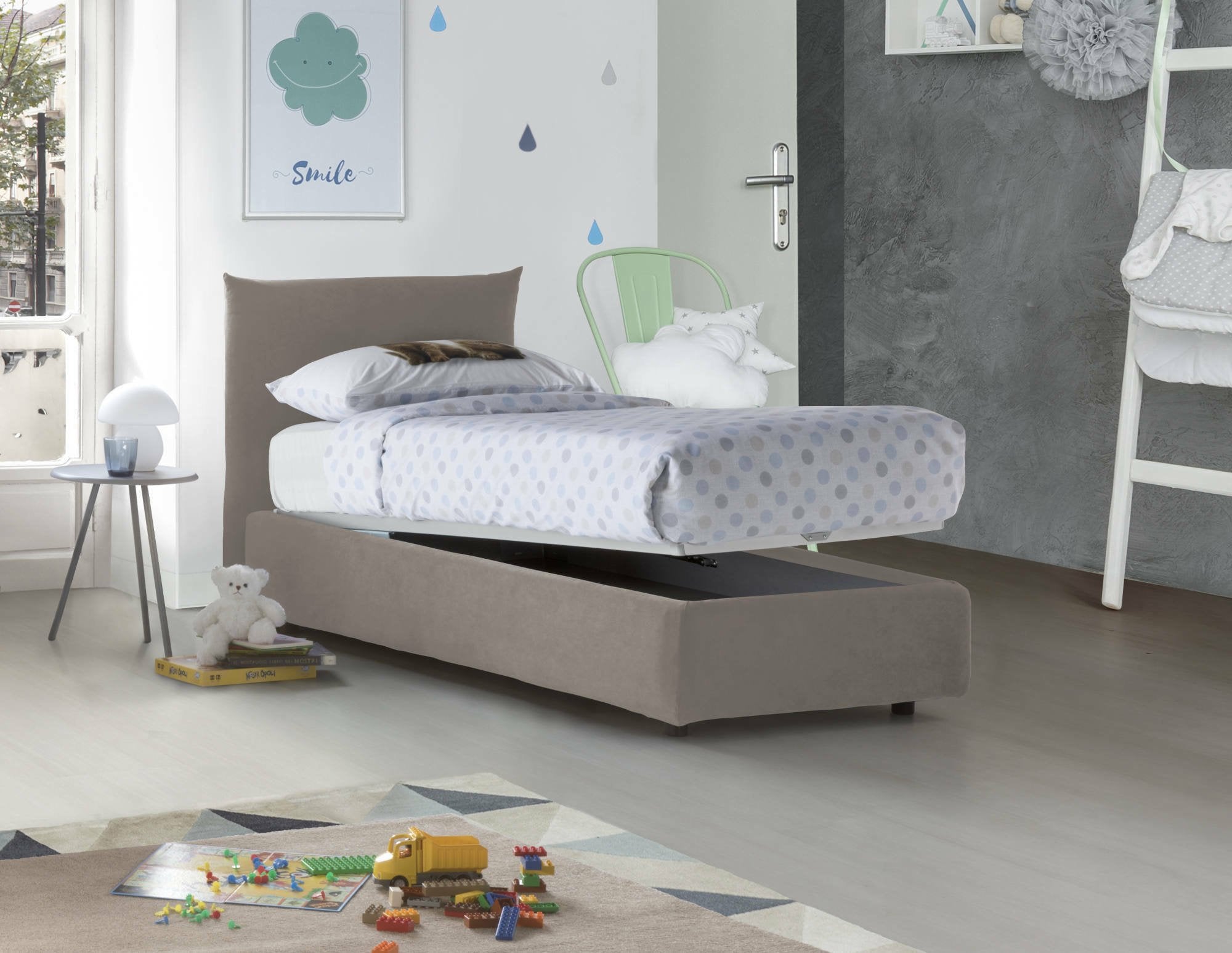 Letto singolo Azeglio, Letto contenitore con rivestimento in tessuto, 100% Made in Italy, Apertura frontale, con materasso Cm 80x190 incluso, Tortora