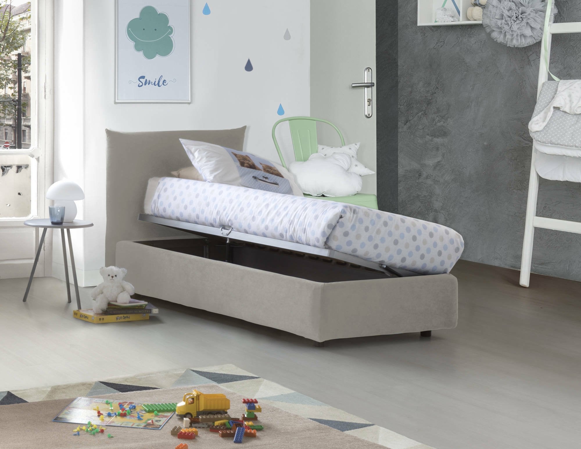 Letto singolo Astianatte, Letto contenitore con rivestimento in tessuto, 100% Made in Italy, Apertura laterale, con materasso Cm 80x190 incluso, Beige