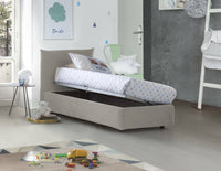 Letto singolo Astianatte, Letto contenitore con rivestimento in tessuto, 100% Made in Italy, Apertura laterale, con materasso Cm 80x190 incluso, Beige