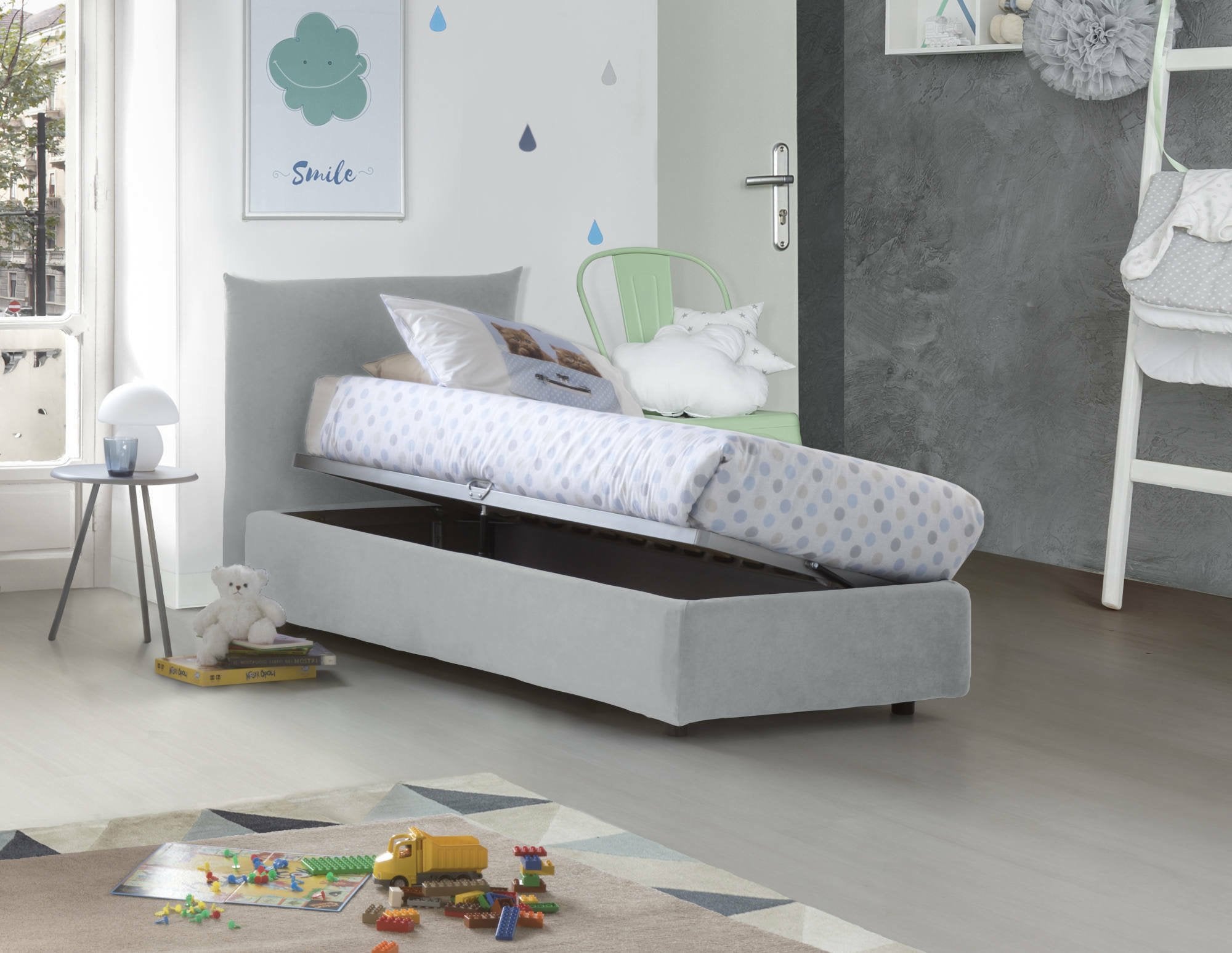 Letto singolo Astianatte, Letto contenitore con rivestimento in tessuto, 100% Made in Italy, Apertura laterale, con materasso Cm 80x190 incluso, Bianco