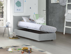 Letto singolo Astianatte, Letto contenitore con rivestimento in tessuto, 100% Made in Italy, Apertura laterale, con materasso Cm 80x190 incluso, Bianco