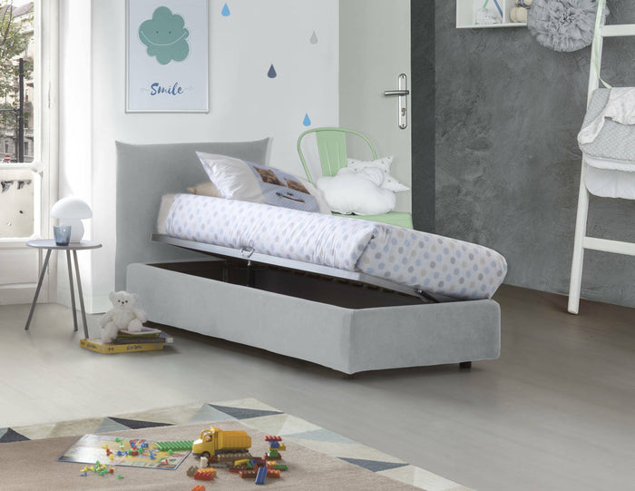 Letto singolo Astianatte, Letto contenitore con rivestimento in tessuto, 100% Made in Italy, Apertura laterale, con materasso Cm 80x190 incluso, Bianco