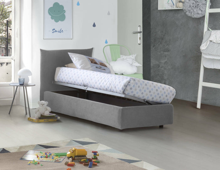 Letto singolo Astianatte, Letto contenitore con rivestimento in tessuto, 100% Made in Italy, Apertura laterale, con materasso Cm 80x190 incluso, Grigio