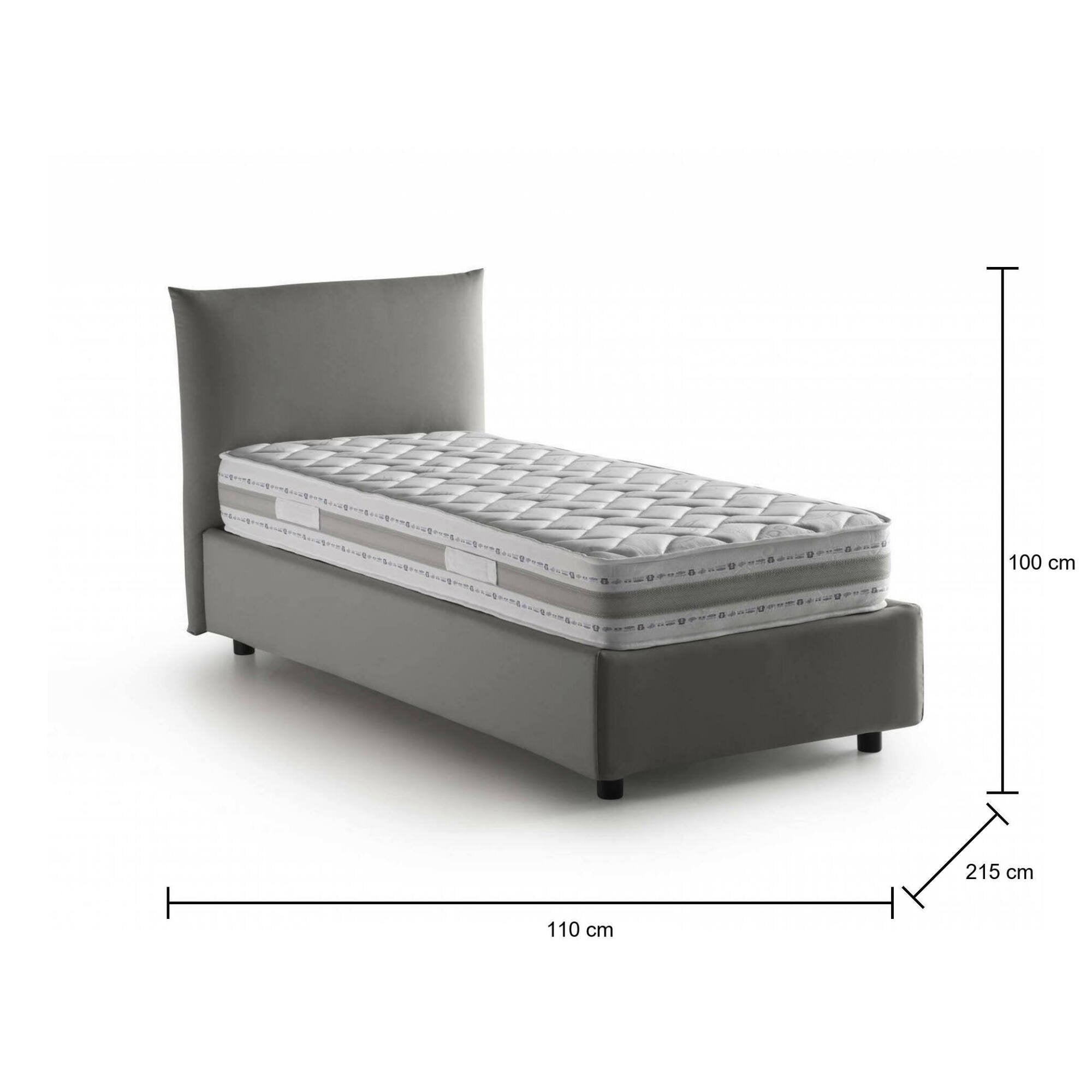 Letto singolo Astianatte, Letto contenitore con rivestimento in tessuto, 100% Made in Italy, Apertura laterale, con materasso Cm 80x190 incluso, Grigio