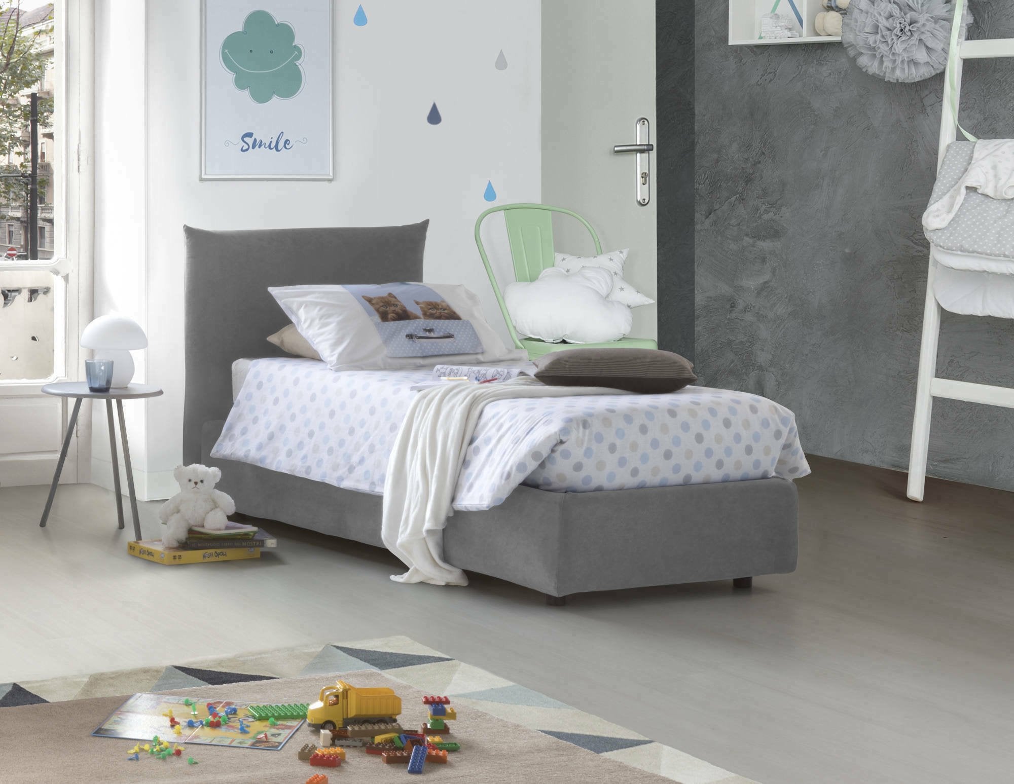 Letto singolo Astianatte, Letto contenitore con rivestimento in tessuto, 100% Made in Italy, Apertura laterale, con materasso Cm 80x190 incluso, Grigio