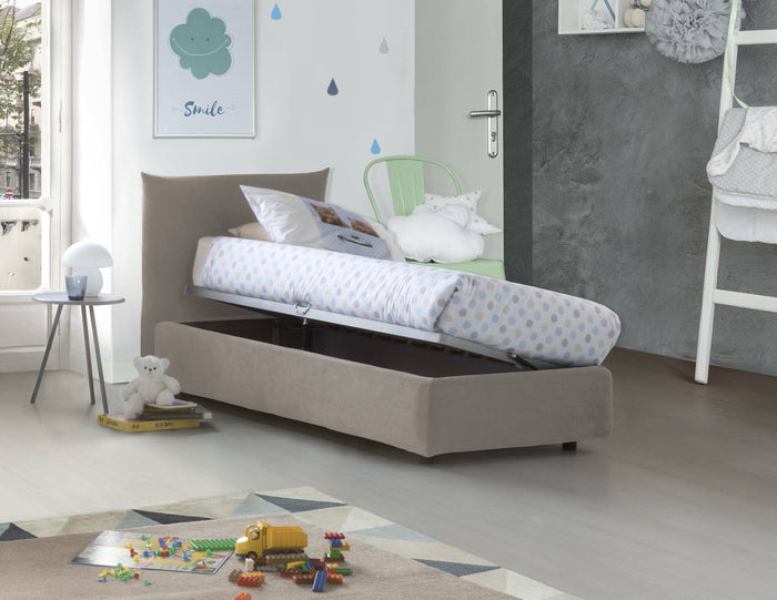 Letto singolo Astianatte, Letto contenitore con rivestimento in tessuto, 100% Made in Italy, Apertura laterale, con materasso Cm 80x190 incluso, Tortora